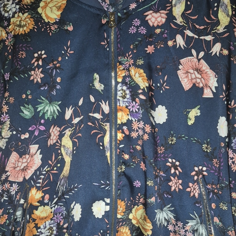 Blue and Yellow Floral Bomber Jacket with Ribbed Cuffs - Picture 5 of 5
